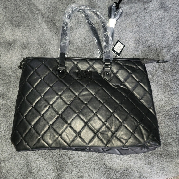 NWT Badgley Mischka Vegan Leather Elegant Black Quilted Tote Bag - Picture 2 of 8